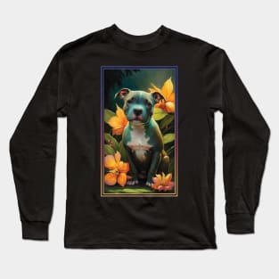 American Staffordshire Terrier Pitbull Vibrant Tropical Flower Tall Digital Oil Painting Portrait  2 Long Sleeve T-Shirt